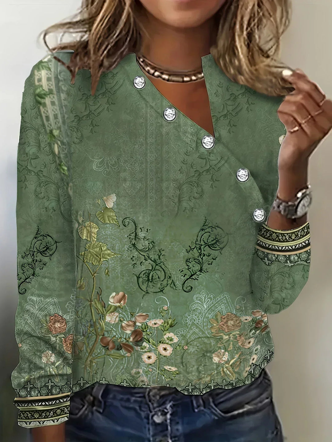 Xenia - Camiseta con estampado floral y escote asimétrico