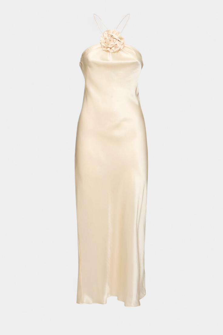 Elvera – Vestido Midi Halter con Rosetas que realza tu feminidad