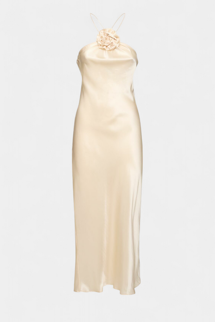 Elvera – Vestido Midi Halter con Rosetas que realza tu feminidad