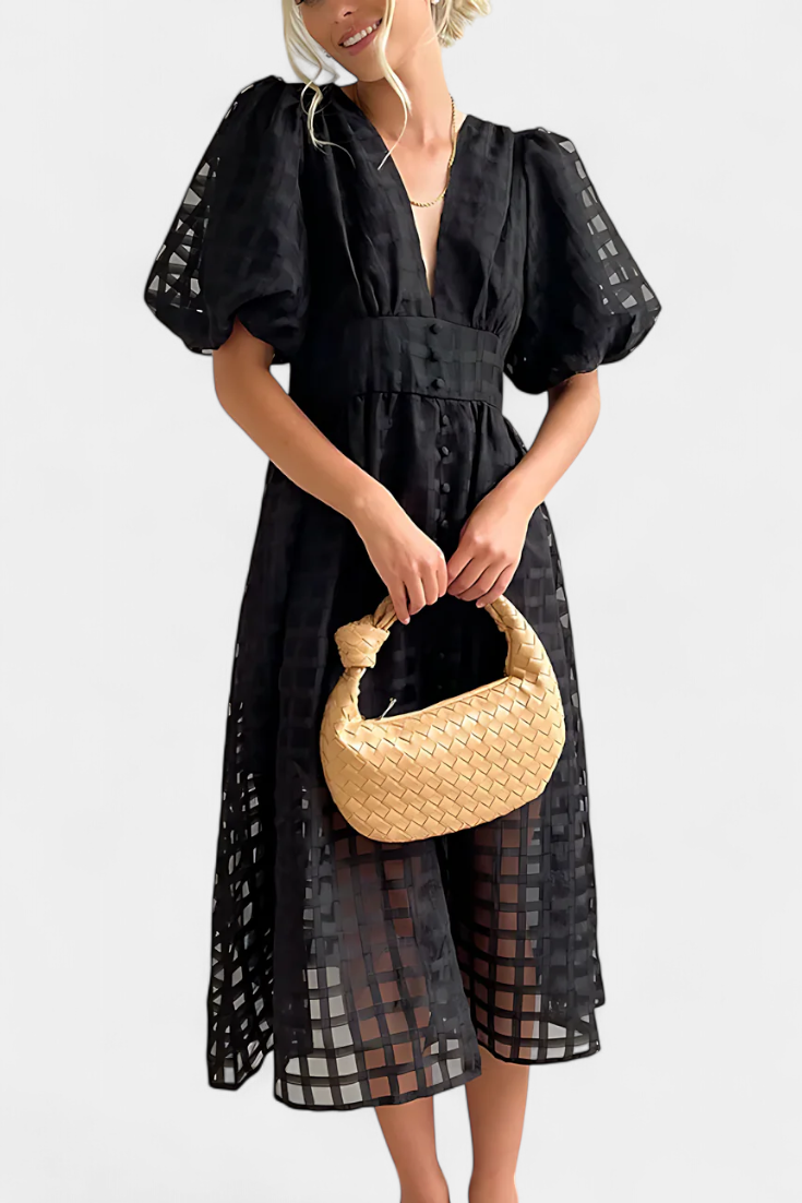 Marigold – Vestido Midi de Manga Abullonada que realza tu encanto atemporal