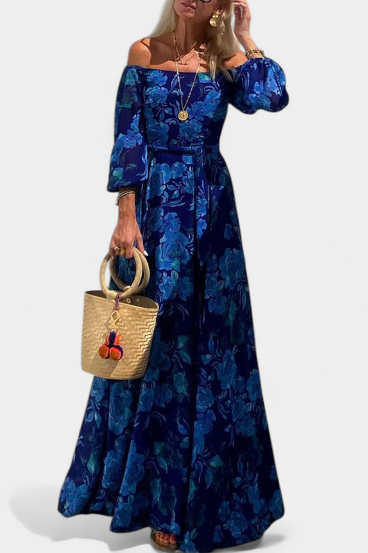 Davina – Vestido Largo Off-Shoulder con Estampado Floral Romántico que realza tu feminidad