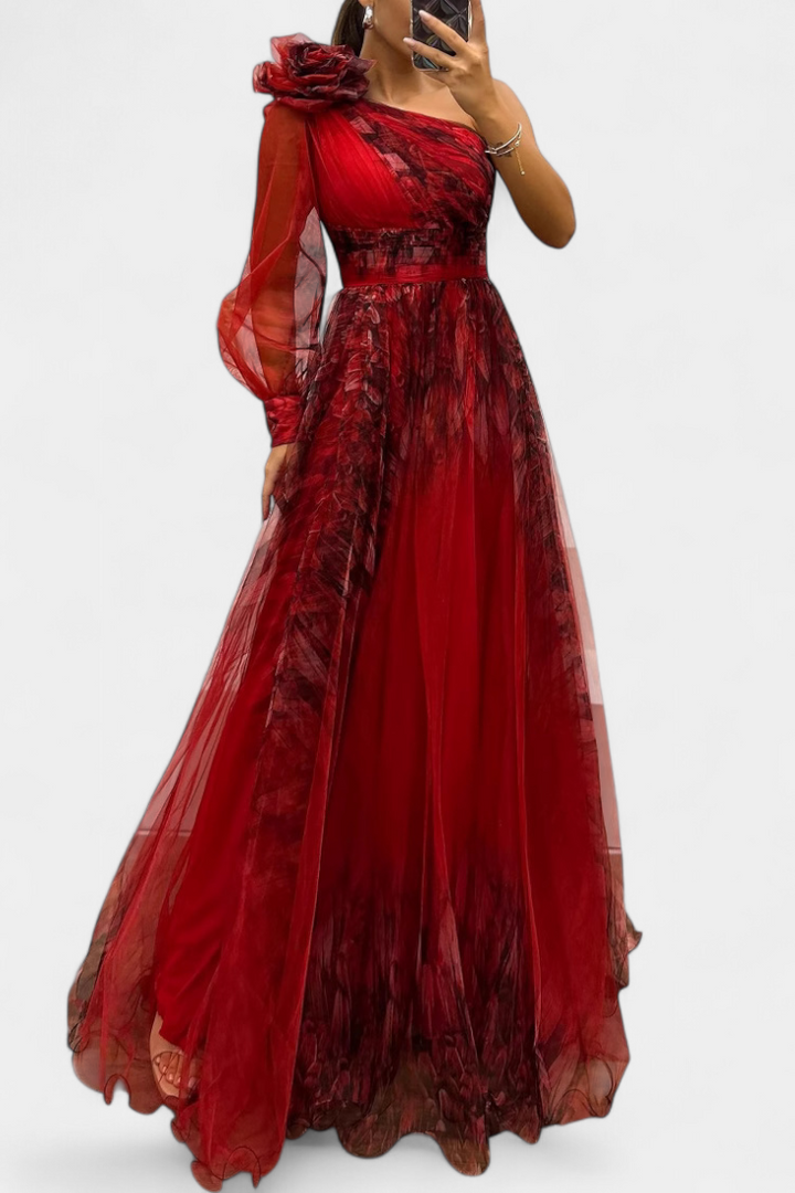 Becca – Vestido Maxi de Chiffón con Hombro Descubierto que Resalta Tu Feminidad