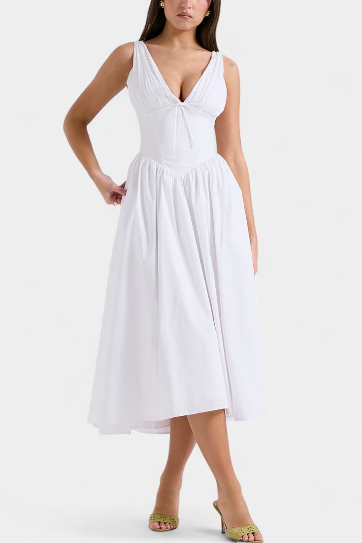 Margie – Vestido Midi de Escote en V que realza tu feminidad