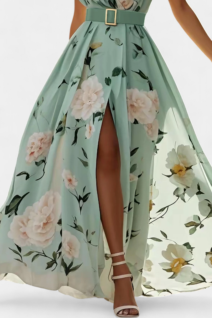 Nila – Vestido Floral con Frunces y Abertura en Gasa que realza tu feminidad