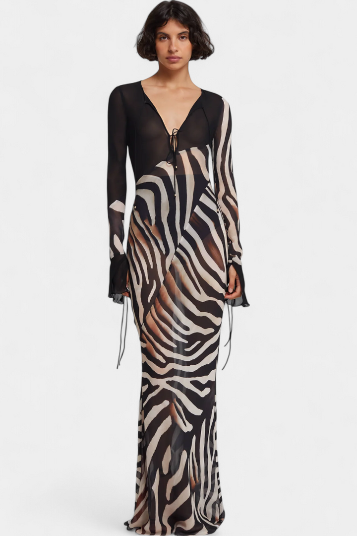 Taisia – Vestido Largo Estampado Animal que Resalta Tu Audacia