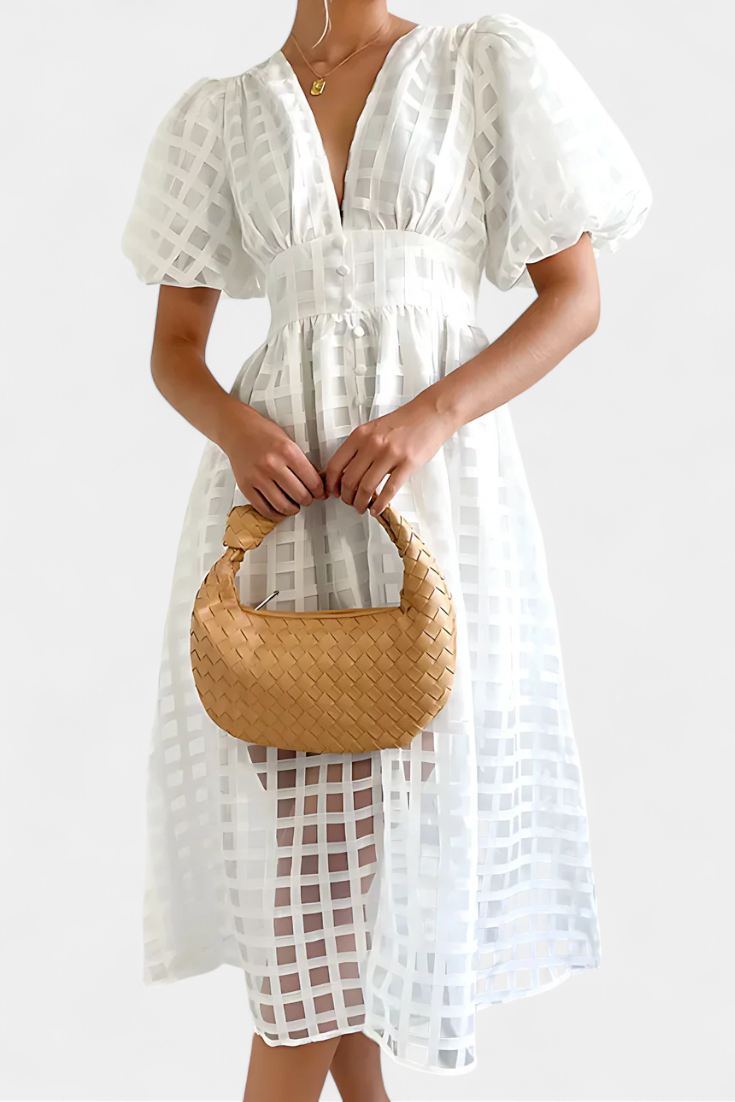 Marigold – Vestido Midi de Manga Abullonada que realza tu encanto atemporal