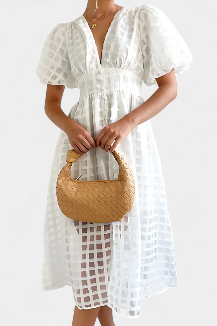 Marigold – Vestido Midi de Manga Abullonada que realza tu encanto atemporal