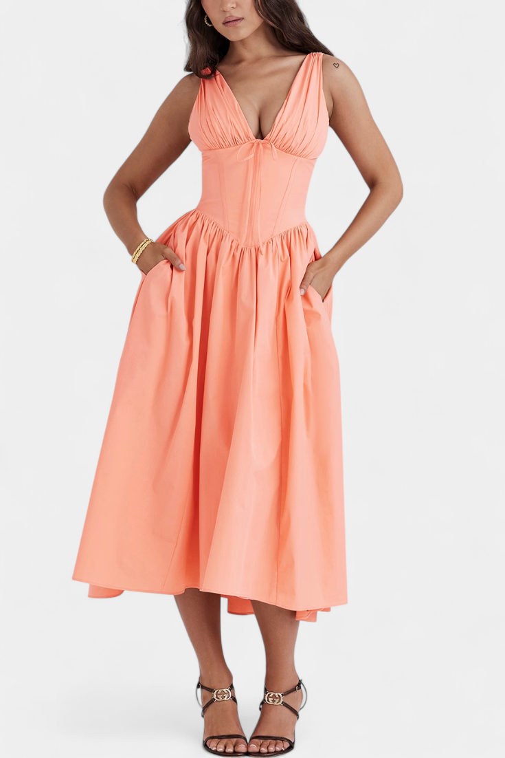 Margie – Vestido Midi de Escote en V que realza tu feminidad