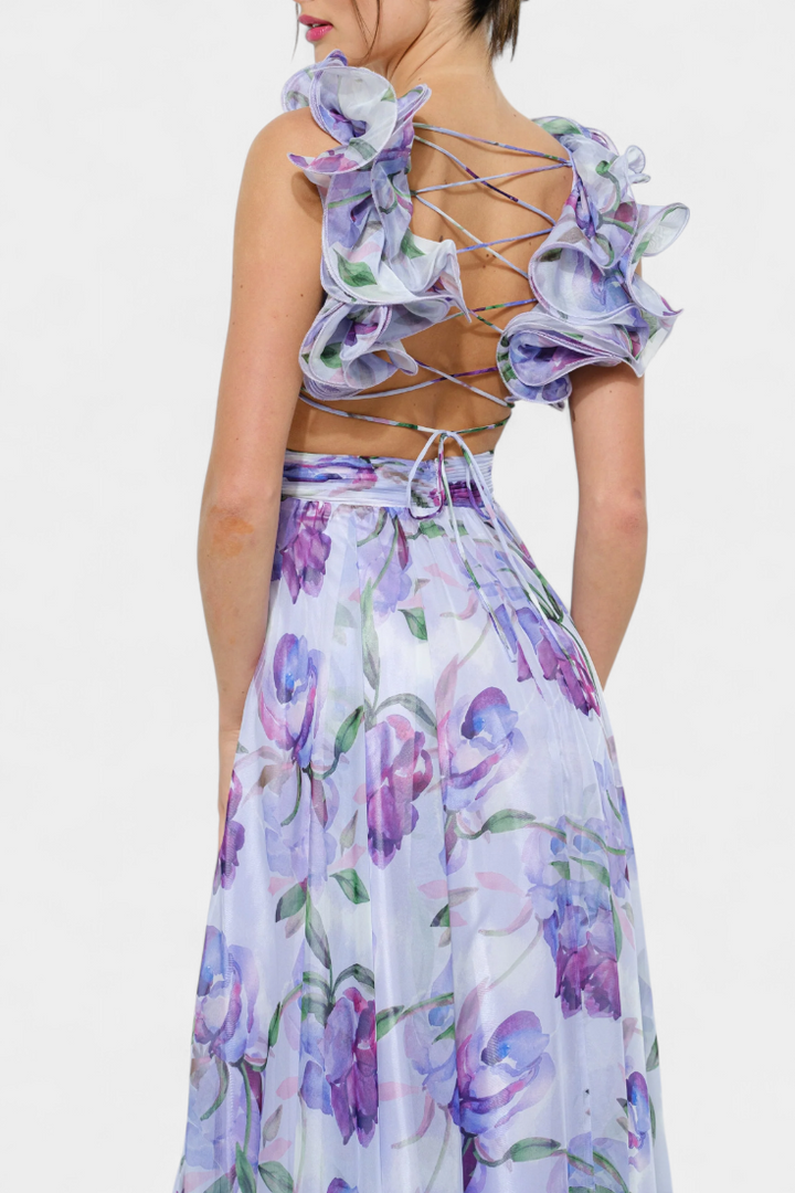 Shazia – Vestido Largo Estampado Sin Espalda que destaca tu personalidad