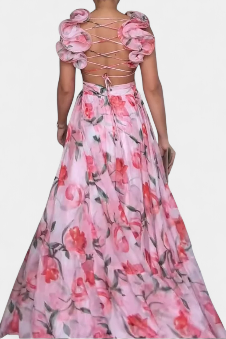 Shazia – Vestido Largo Estampado Sin Espalda que destaca tu personalidad