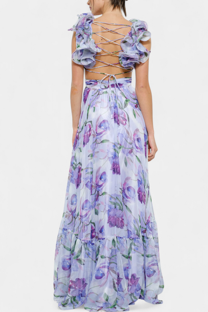 Shazia – Vestido Largo Estampado Sin Espalda que destaca tu personalidad