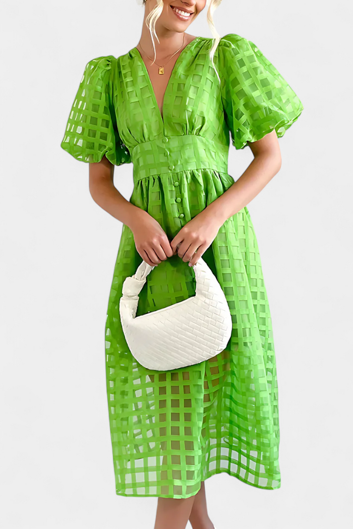 Marigold – Vestido Midi de Manga Abullonada que realza tu encanto atemporal