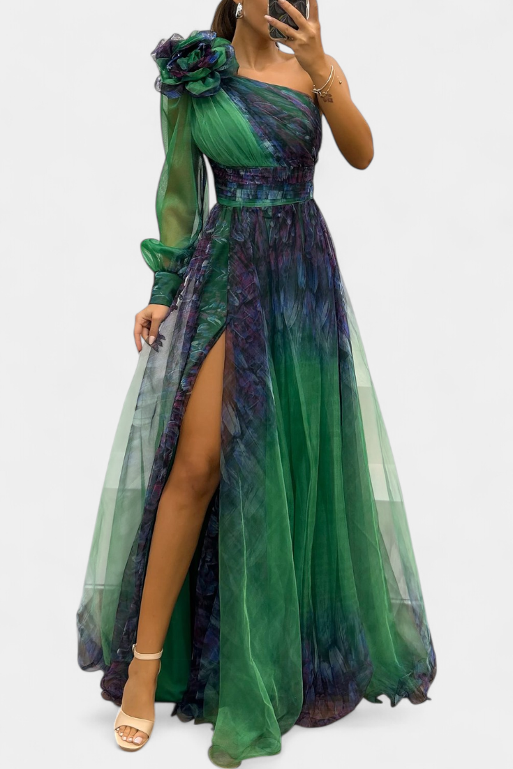 Becca – Vestido Maxi de Chiffón con Hombro Descubierto que Resalta Tu Feminidad