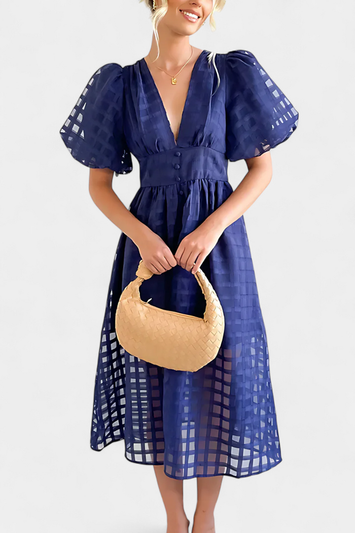 Marigold – Vestido Midi de Manga Abullonada que realza tu encanto atemporal