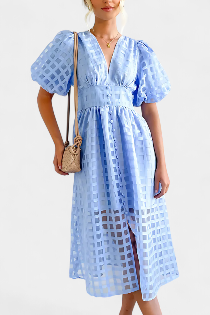 Marigold – Vestido Midi de Manga Abullonada que realza tu encanto atemporal