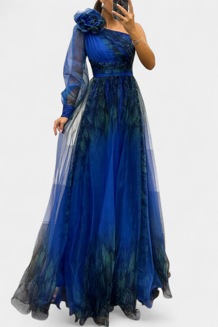 Becca – Vestido Maxi de Chiffón con Hombro Descubierto que Resalta Tu Feminidad