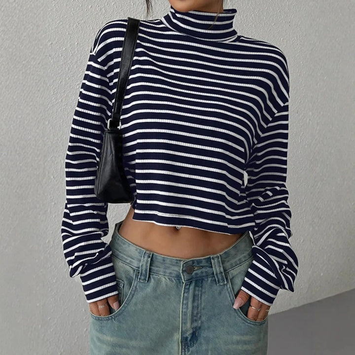 Top manga larga para mujer canalé rayas estilo crop - Léonie