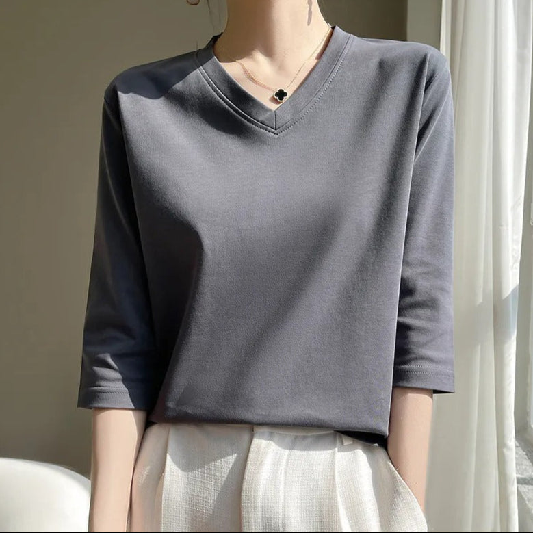 Camiseta para mujer de cuello en V manga francesa algodón suave - Élodie