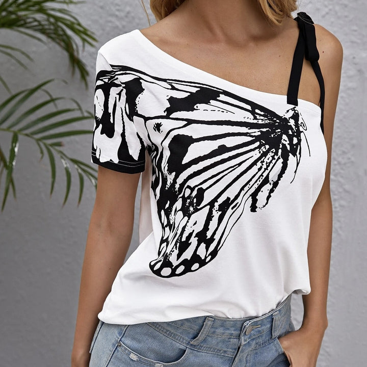Blusa para mujer de algodón estampado mariposa tirante asimétrico - Nerea