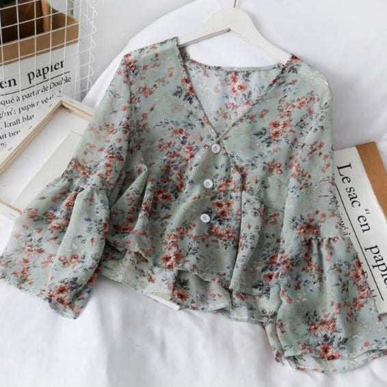 Blusa para mujer de chifón floral con volantes corte fluido - Isadora