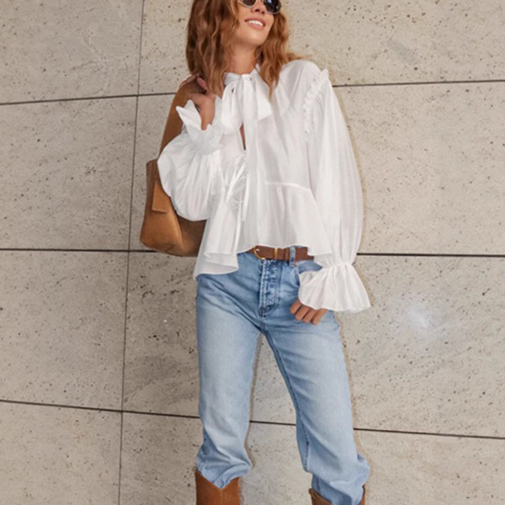 Blusa manga larga para mujer de algodón con lazo cuello estilo romántico - Céleste