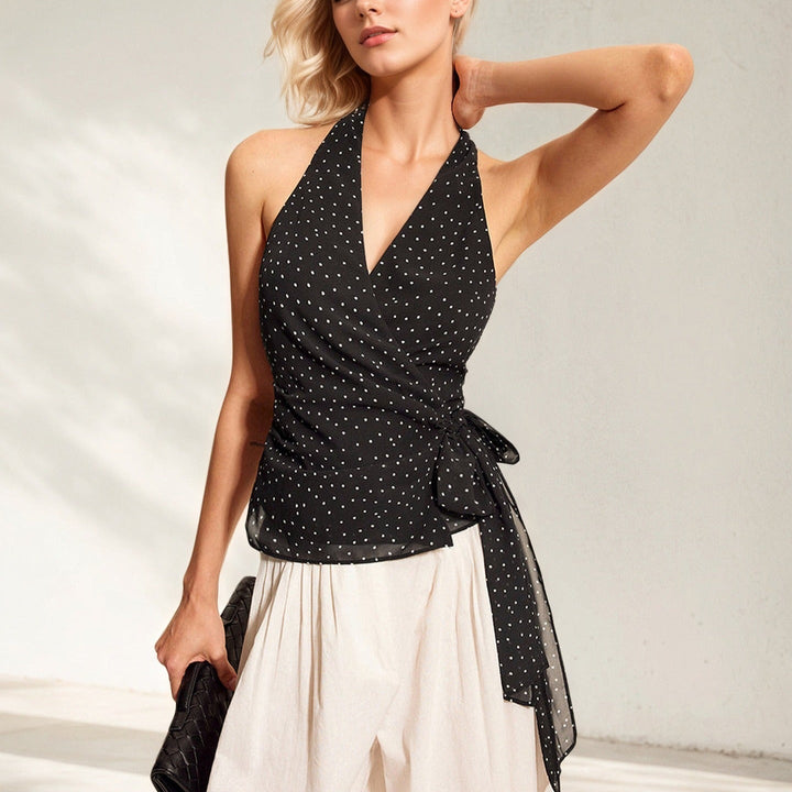Top sin mangas para mujer de gasa lunares estilo anudado - Joana