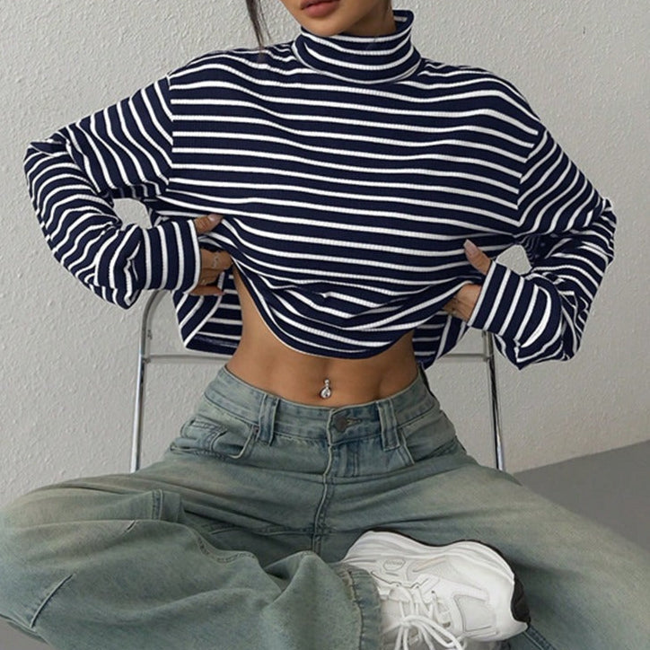 Top manga larga para mujer canalé rayas estilo crop - Léonie