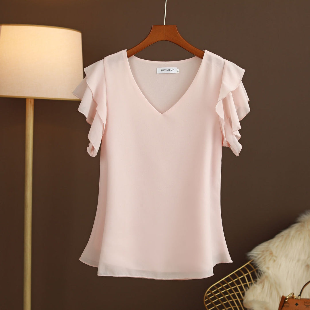 Blusa para mujer de gasa ligera con mangas de volantes escote en pico - Elvira