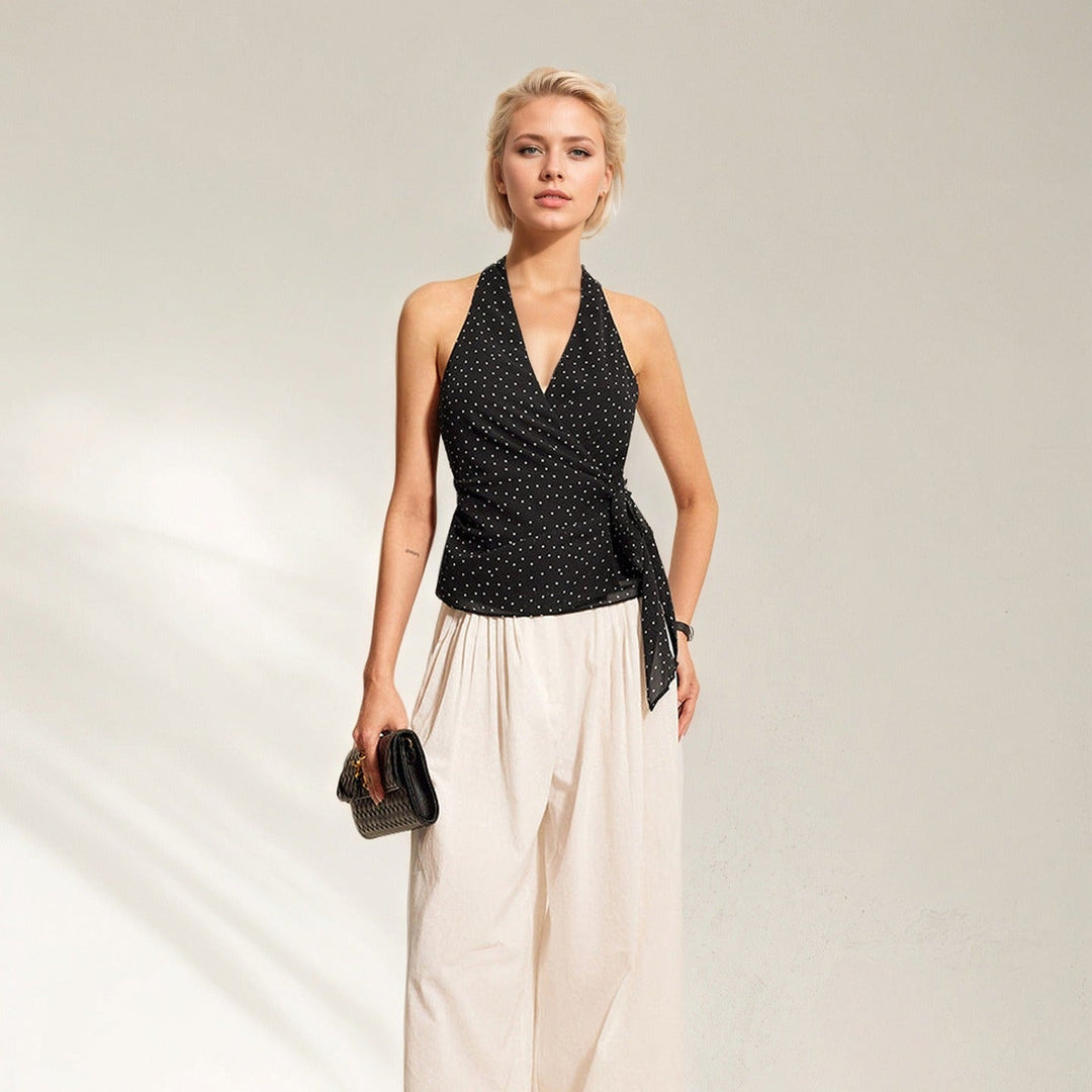 Top sin mangas para mujer de gasa lunares estilo anudado - Joana