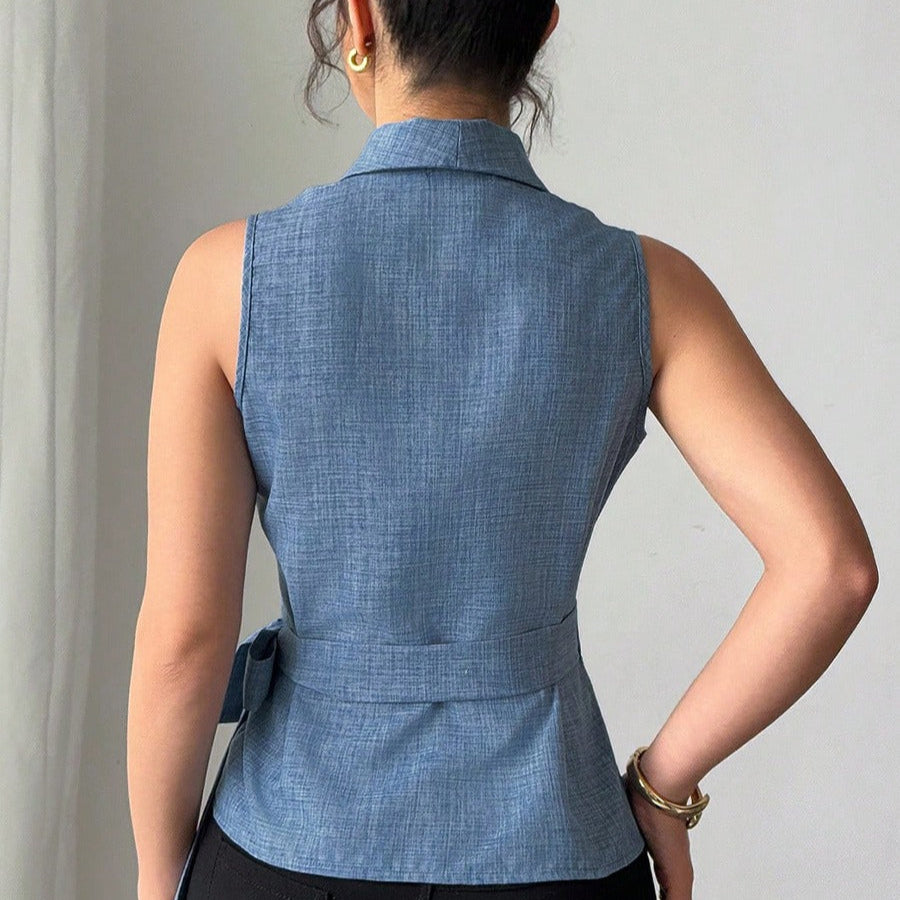 Blusa sin mangas para mujer de lino cruzado estilo entallado - Elvira