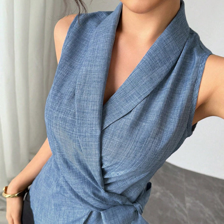 Blusa sin mangas para mujer de lino cruzado estilo entallado - Elvira