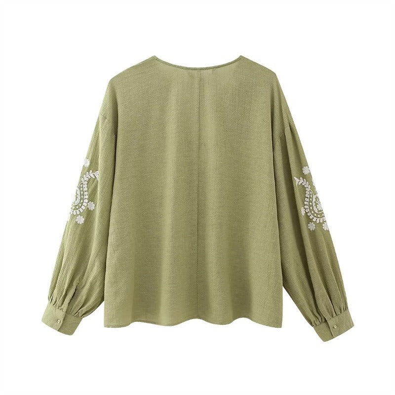 Blusa para mujer de algodón bordado estilo boho escote en pico - Maialen