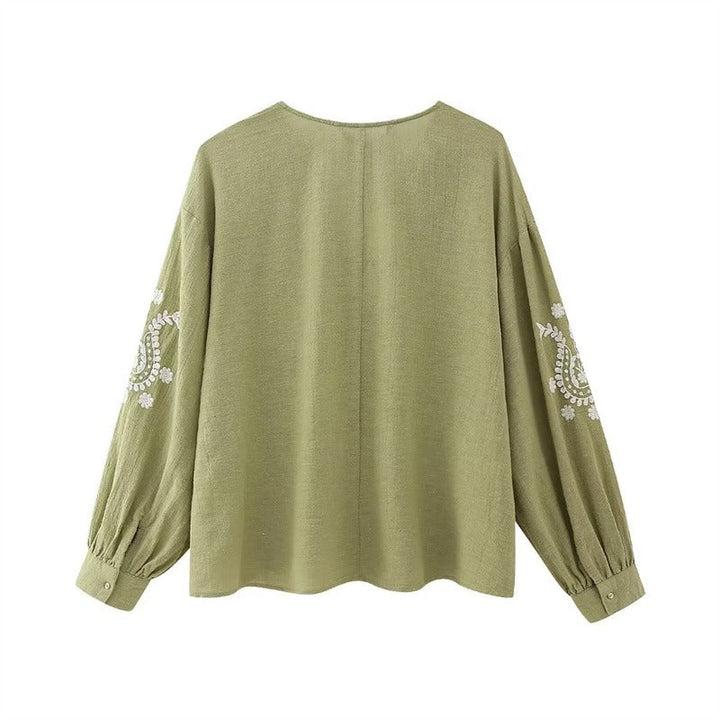 Blusa para mujer de algodón bordado estilo boho escote en pico - Maialen