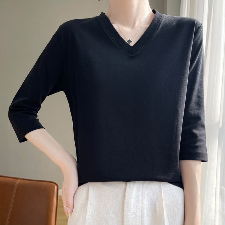 Camiseta para mujer de cuello en V manga francesa algodón suave - Élodie