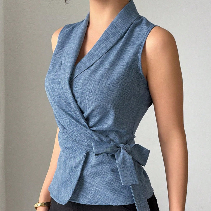 Blusa sin mangas para mujer de lino cruzado estilo entallado - Elvira