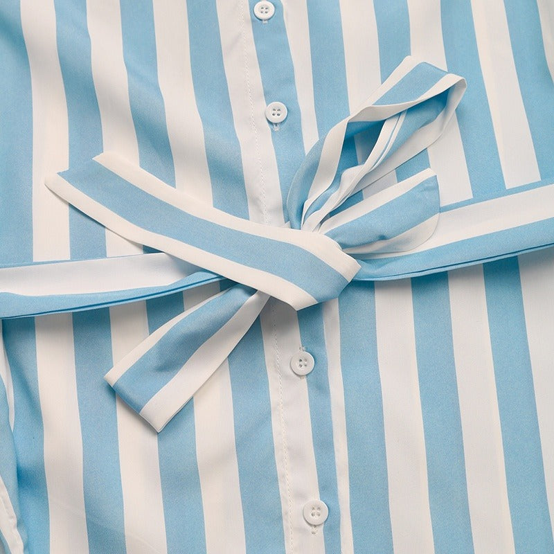 Blusa de manga larga para mujer rayas verticales con cinturón - Marieke