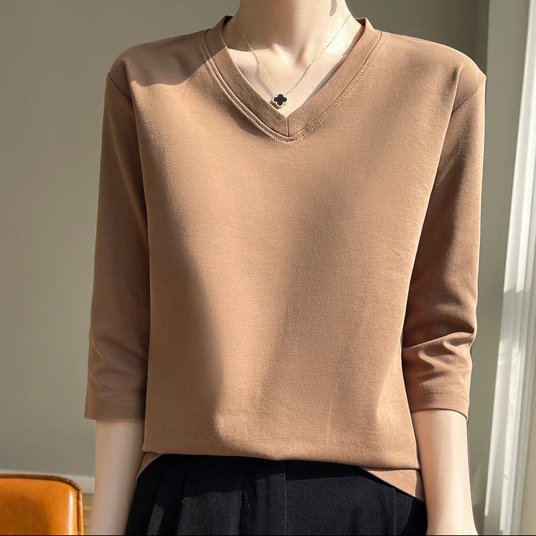 Camiseta para mujer de cuello en V manga francesa algodón suave - Élodie