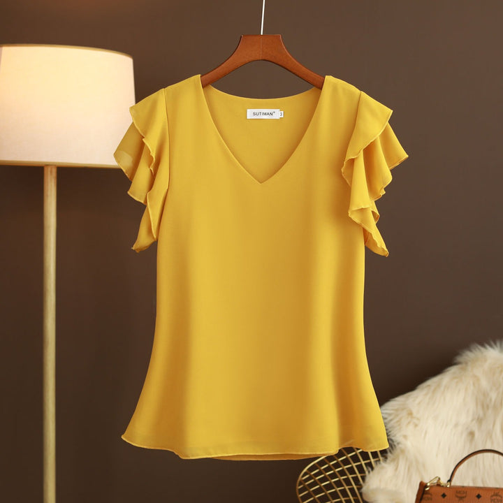Blusa para mujer de gasa ligera con mangas de volantes escote en pico - Elvira