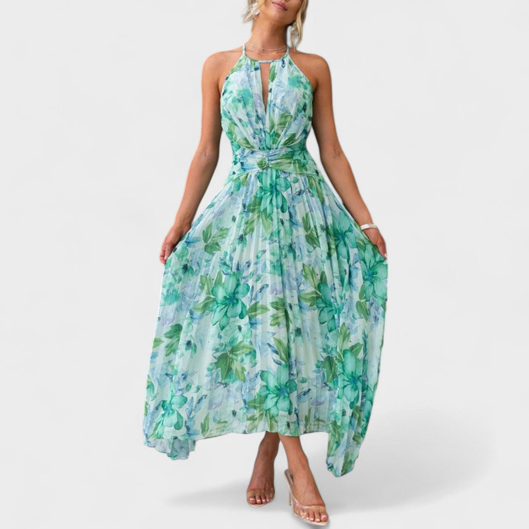 Angel – Vestido Maxi Plisado con Flores y Escote Halter que Realza Tu Frescura