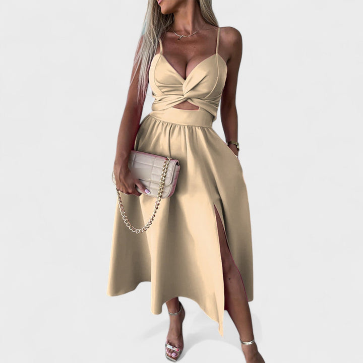 Cielo Divino – Vestido Midi con Abertura Frontal que resalta tu figura